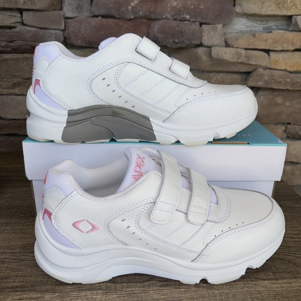 APEX  Women's White With Pink Trim 7 W V952 double hook/loop strap Diabetic Shoe